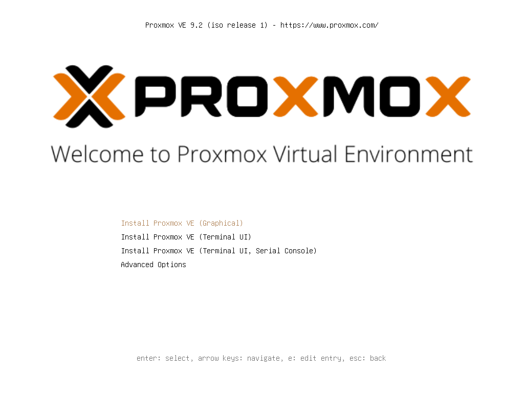 Proxmox VE boot menu with Install Proxmox VE (Graphical) highlighted, plus Terminal UI and Advanced Options entries