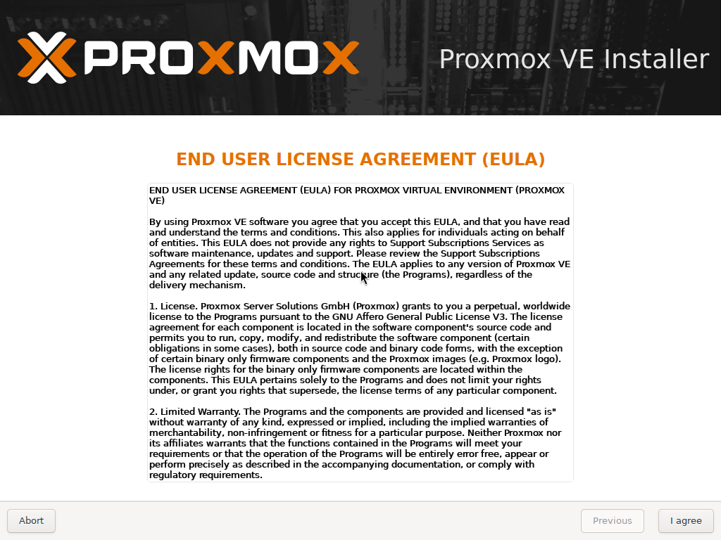 Proxmox VE Installer EULA screen showing the AGPLv3 license text, with an I agree button
