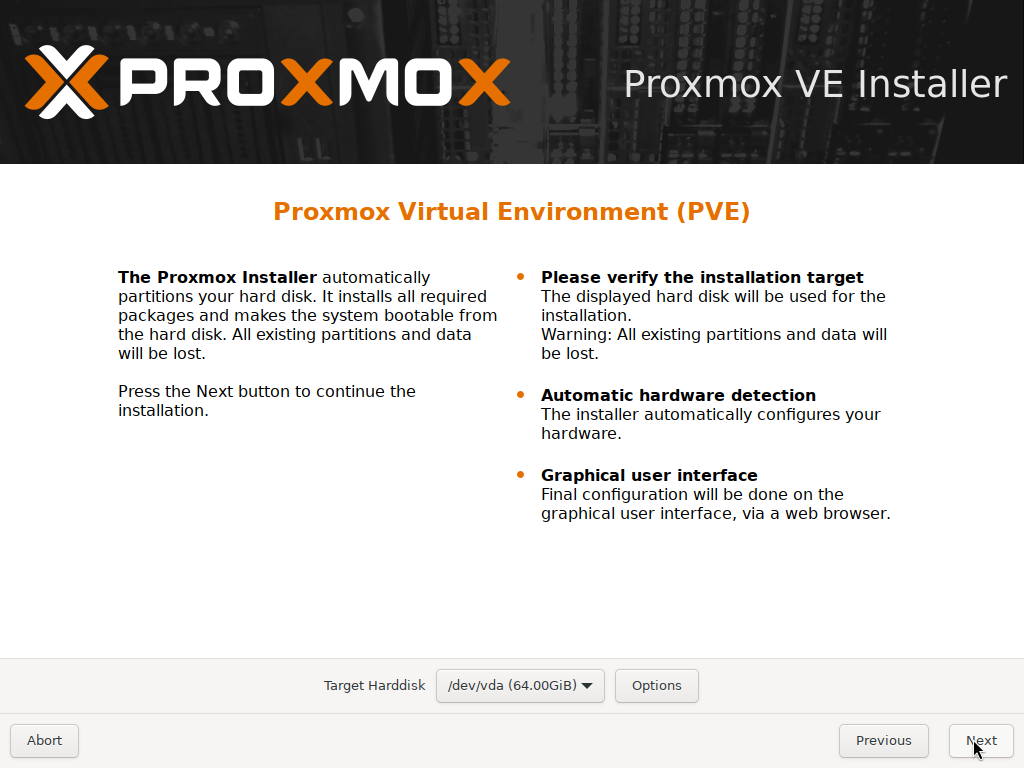 Proxmox Virtual Environment installer screen showing the target harddisk as /dev/vda 64.00GiB, with an Options button for advanced disk setup