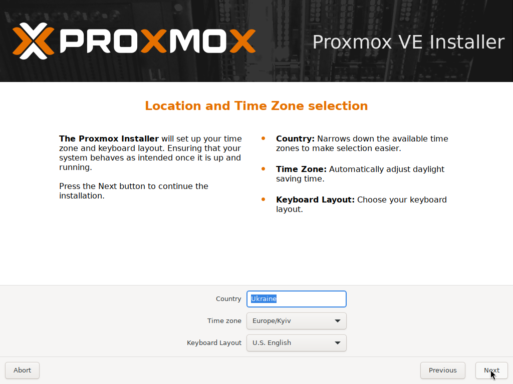 Proxmox installer Location and Time Zone selection screen with Country, Time zone, and Keyboard Layout fields