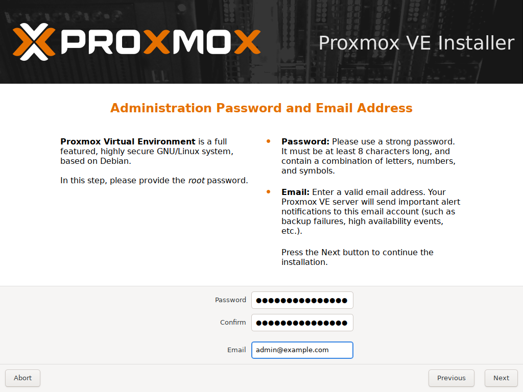 Proxmox installer Administration Password and Email Address screen with password, confirm password, and email fields filled in