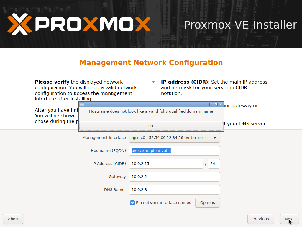 Proxmox installer showing a popup error: Hostname does not look like a valid fully qualified domain name, over the Management Network Configuration screen