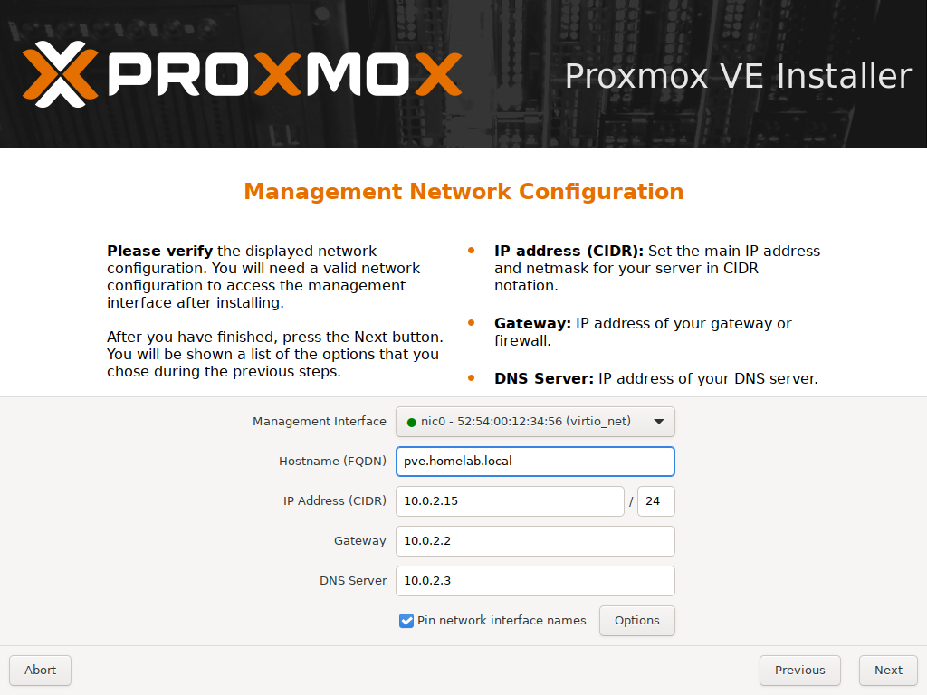 Proxmox installer Management Network Configuration screen with a valid hostname pve.homelab.local, IP address, gateway, and DNS server filled in