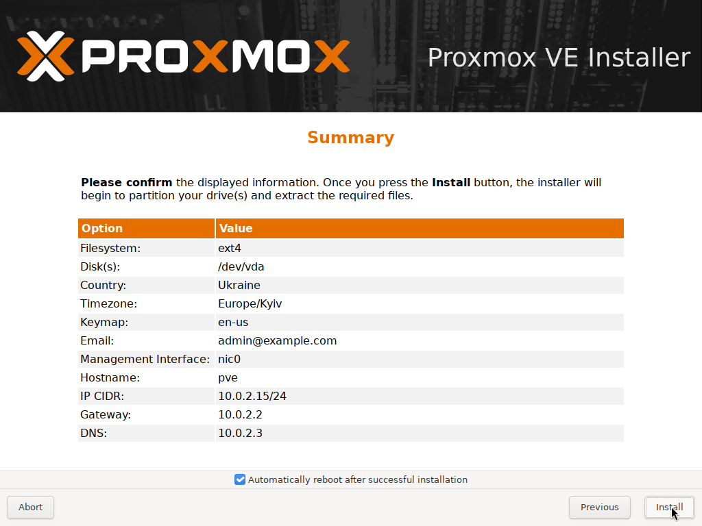 Proxmox installer Summary screen listing filesystem, disk, country, timezone, keymap, email, management interface, hostname, IP CIDR, gateway, and DNS, with an Install button