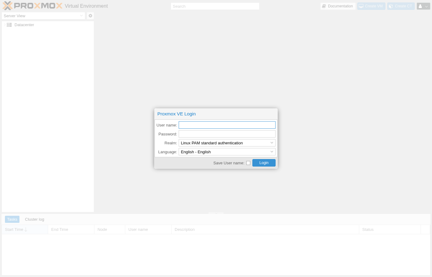 Proxmox VE Login screen with User name, Password, Realm set to Linux PAM standard authentication, and Language fields, next to an empty Datacenter tree