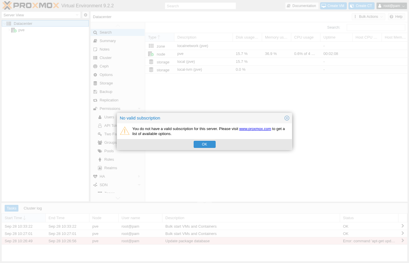 Proxmox VE Datacenter view after logging in, showing the pve node with disk, memory, and CPU usage, a No valid subscription popup, and a task log at the bottom