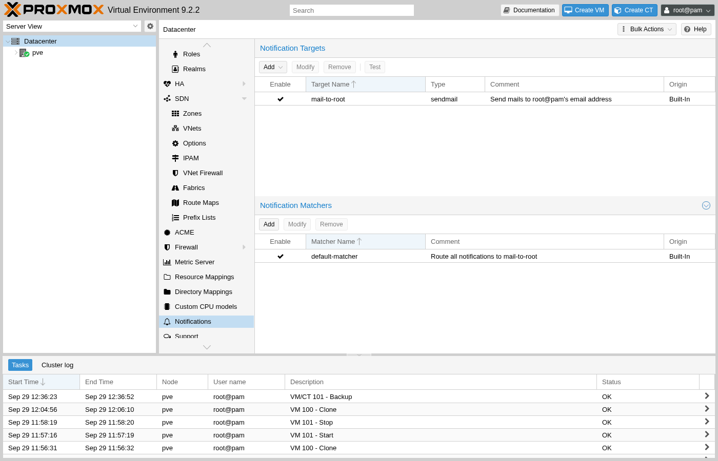 Proxmox Datacenter-Seite „Benachrichtigungen“, Tabelle „Benachrichtigungsziele“ mit einer Zeile vom Typ „mail-to-root“, Kommentar: „E-Mails an die E-Mail-Adresse von root@pam senden“, Herkunft: „Integriert“, und Tabelle „Benachrichtigungsfilter“ mit einer Zeile, Kommentar: „Alle Benachrichtigungen an mail-to-root weiterleiten“, Herkunft: „Integriert“
