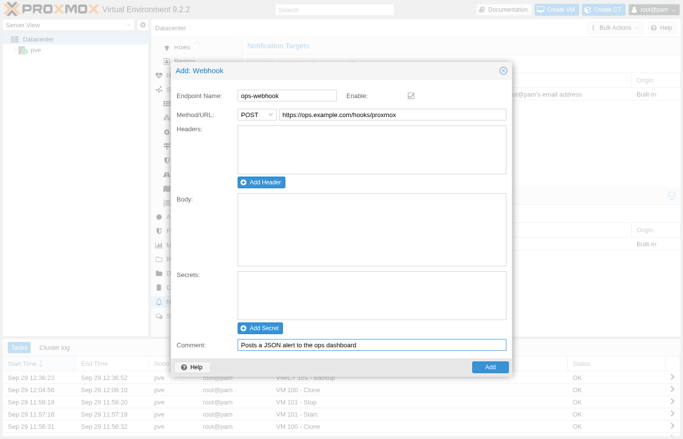 Proxmox-Dialogfeld „Webhook hinzufügen“, Endpunktname „ops-webhook“, Option „Aktivieren“ aktiviert, Methode „POST“, URL „https://ops.example.com/hooks/proxmox“, leeres Feld „Header“ mit einer Schaltfläche „Header hinzufügen“, leeres Feld „Body“, leeres Feld „Secrets“ mit einer Schaltfläche „Secret hinzufügen“, Kommentar: Sendet eine JSON-Benachrichtigung an das Ops-Dashboard
