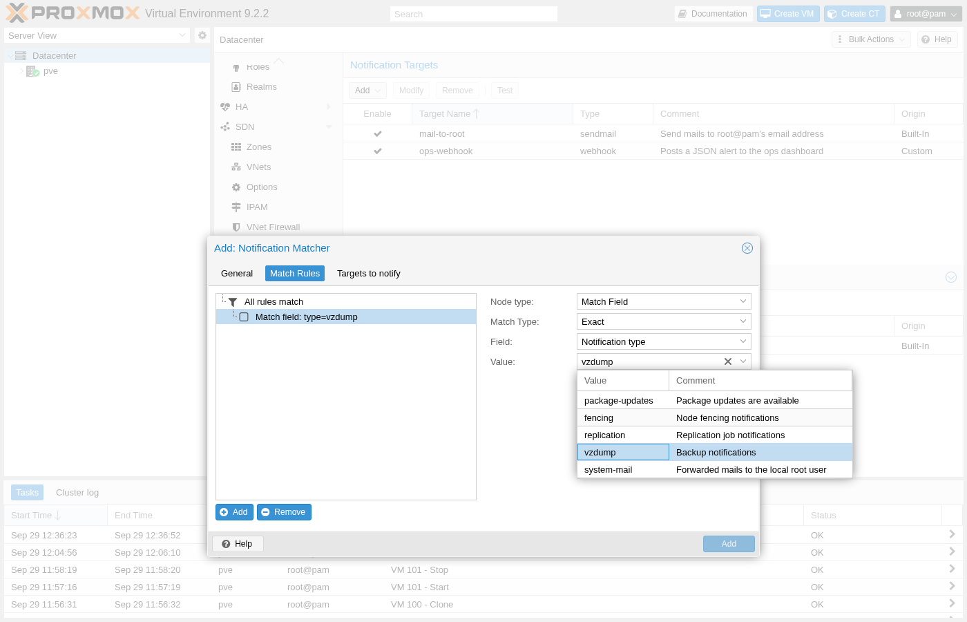 Proxmox: Im Dialogfeld „Notification Matcher“ auf der Registerkarte „Match Rules“ ist ein Regelknoten mit dem Feld „Match field: type=vzdump“ zu sehen, wobei das Dropdown-Menü „Value“ geöffnet ist und folgende Optionen enthält: „package-updates“ (Paketaktualisierungen verfügbar), „fencing“ (Benachrichtigungen zum Fencing von Knoten), „replication“ (Benachrichtigungen zu Replikationsaufträgen) sowie „vzdump“ (Benachrichtigungen zu Backups), die ausgewählt und hervorgehoben sind, und „system-mail“ (an den lokalen Benutzer weitergeleitete E-Mails).