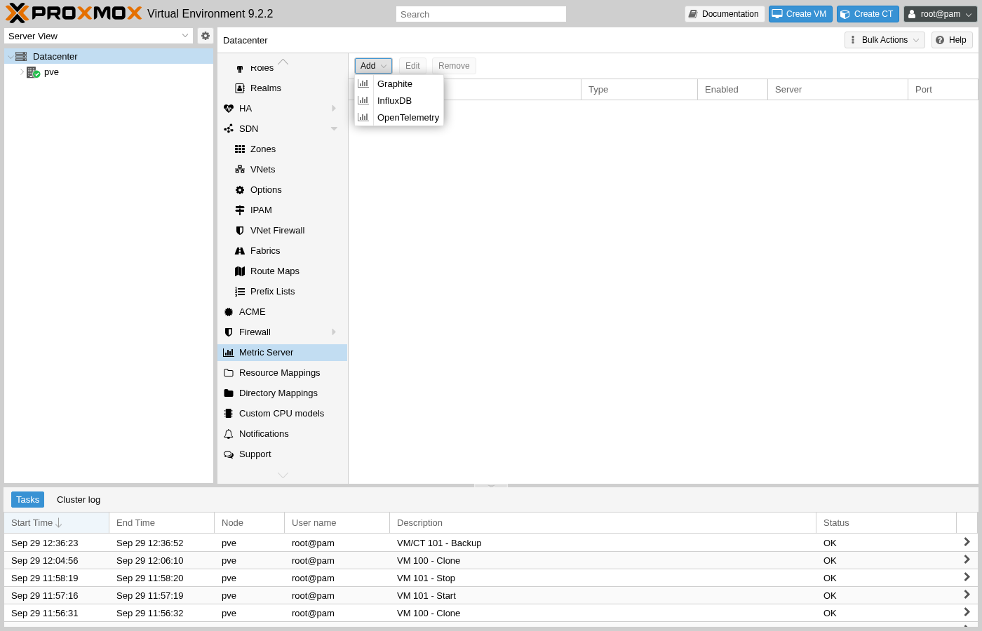 Seite „Proxmox Datacenter Metric Server“, leere Liste, Dropdown-Menü „Hinzufügen“ geöffnet, das drei Optionen anzeigt: Graphite, InfluxDB und OpenTelemetry
