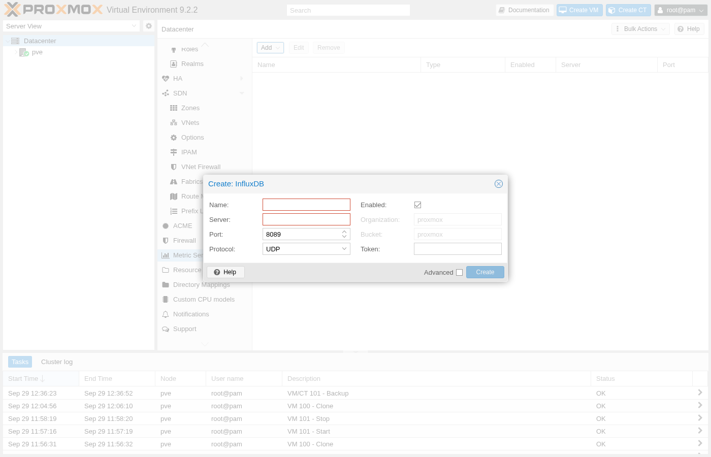 Proxmox-Dialogfeld „InfluxDB erstellen“: Feld „Name“, Feld „Server“, Port 8089, Protokoll UDP, Kontrollkästchen „Aktiviert“ aktiviert, Platzhalter „proxmox“ für „Organisation“, Platzhalter „proxmox“ für „Bucket“, Feld „Token“, Kontrollkästchen „Erweitert“, Schaltflächen „Hilfe“ und „Erstellen“