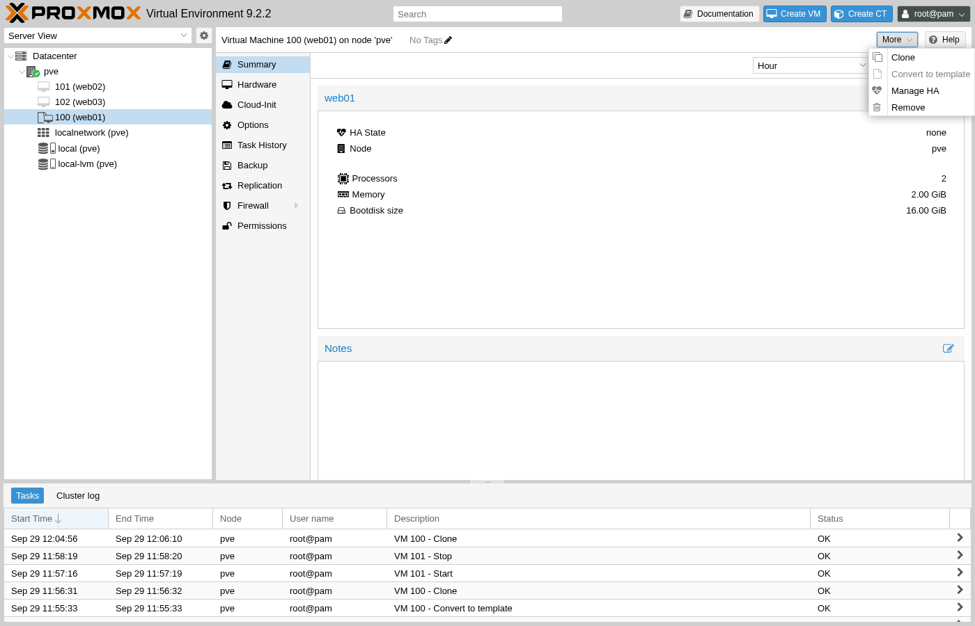 Proxmox panel, Virtual Machine 100 (web01) summary page, the More dropdown open showing only four options: Clone, Convert to template greyed out, Manage HA, and Remove, with no Start, Shutdown, or Console among them