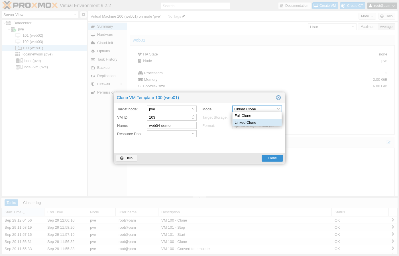 Proxmox Clone VM Template 100 (web01) dialog, Target node pve, VM ID 103 filled in automatically, Name field containing web04-demo, and the Mode dropdown open showing two options, Full Clone and Linked Clone, with Linked Clone highlighted