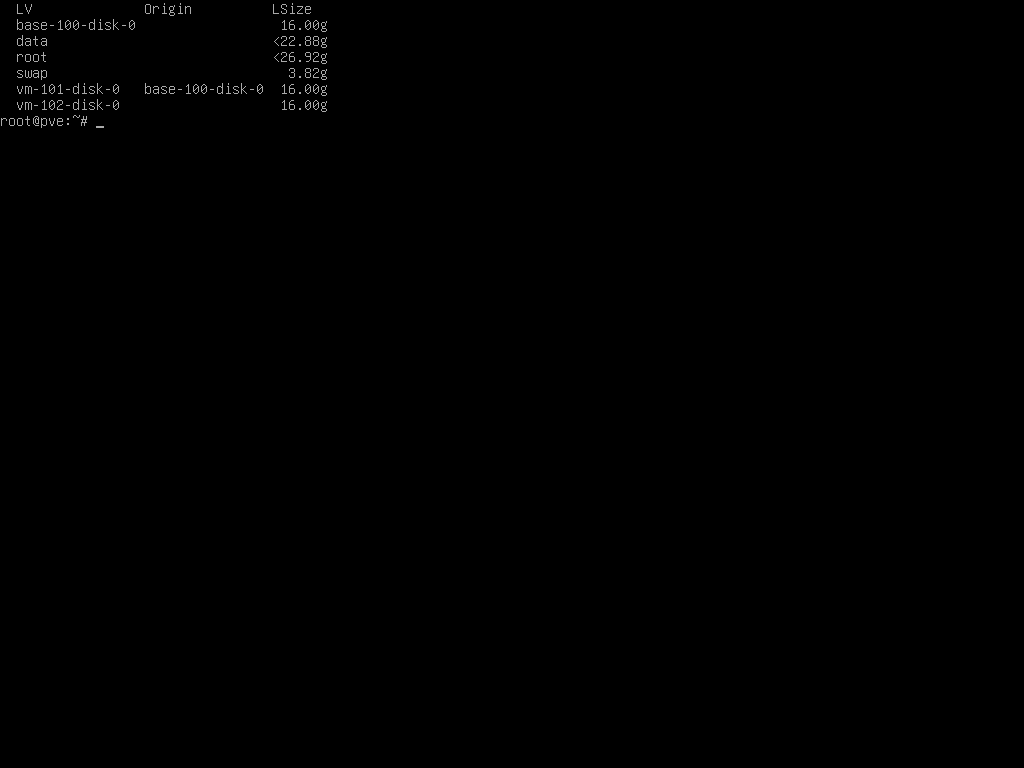 lvs output listing logical volumes base-100-disk-0, data, root, swap, vm-101-disk-0, and vm-102-disk-0, with vm-101-disk-0 alone showing base-100-disk-0 in its Origin column